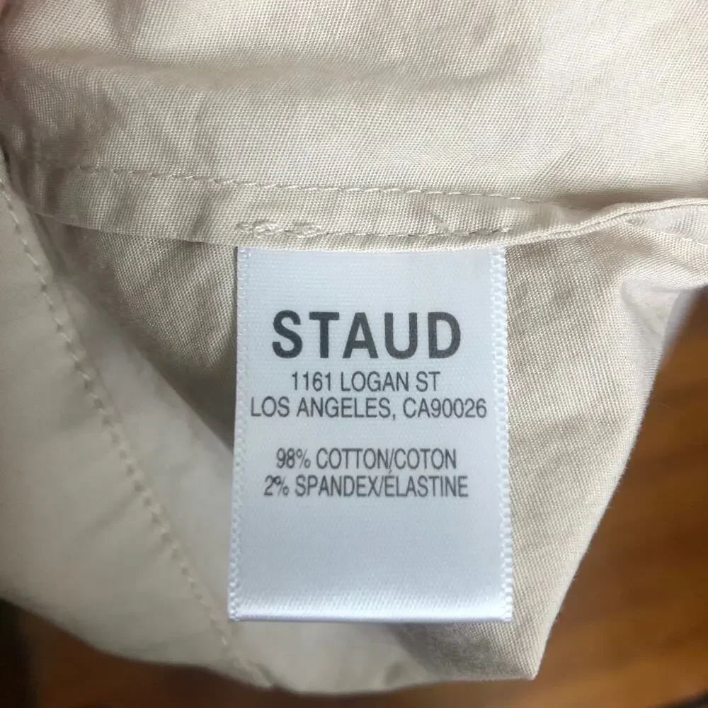 Staud Guilia Shirt Dress Ruched Gather Waist Midi Tan Cream Biscotti Collar S